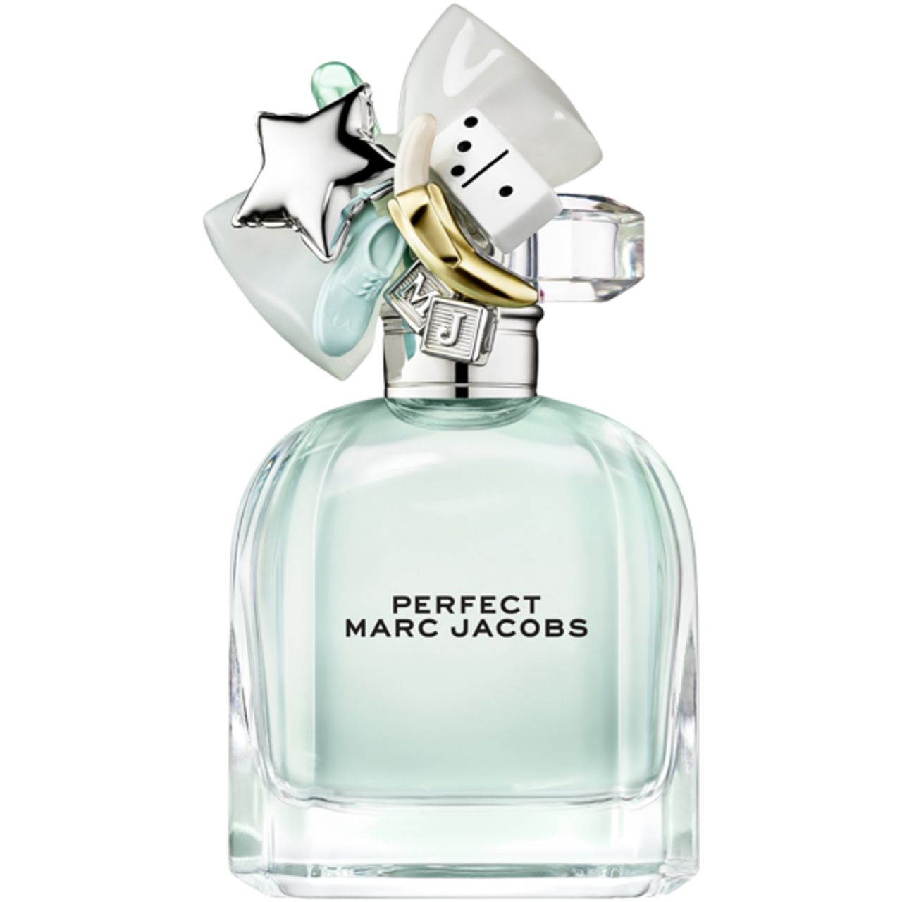 Hellgrüner Flakon mit Aufsatz. Aufschrift: PERFECT MARC JACOBS. Verschluss mit Stern, Domino, Banane.