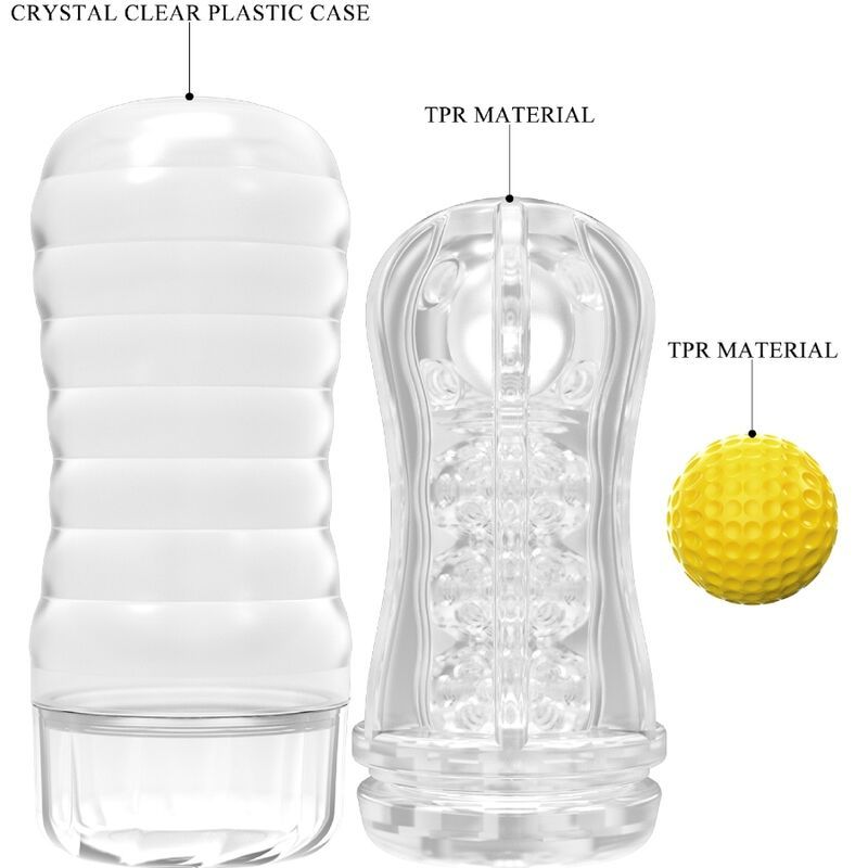 Vakuum-Cup-Masturbator. Transparentes Gehäuse, brauner Sockel. Gelber Einsatz. Text: VACUUM CUP MASTURBATOR, Stellar, PRETTY LOVE.