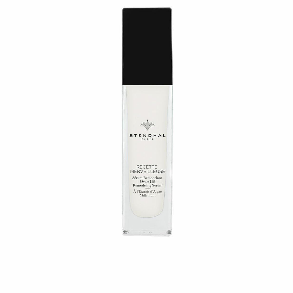 Kosmetisches Serum in rechteckiger Flasche mit schwarzem Deckel. Aufschrift: Stendhal Paris, Recette Merveilleuse, Sérum Rimodellante Ovale Lift.