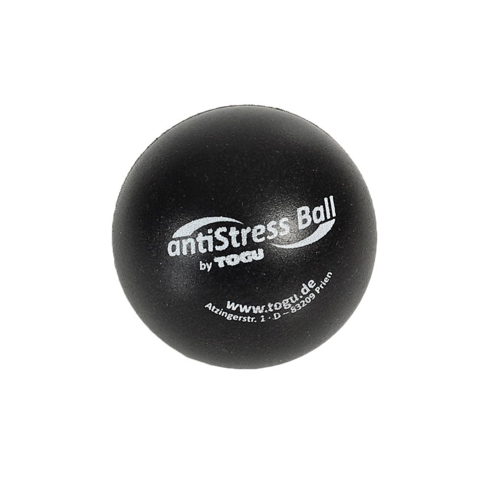 Schwarzer Anti-Stress-Ball mit weißem Aufdruck. Text: antiStress Ball by TOGU, www.togu.de, Adresse.