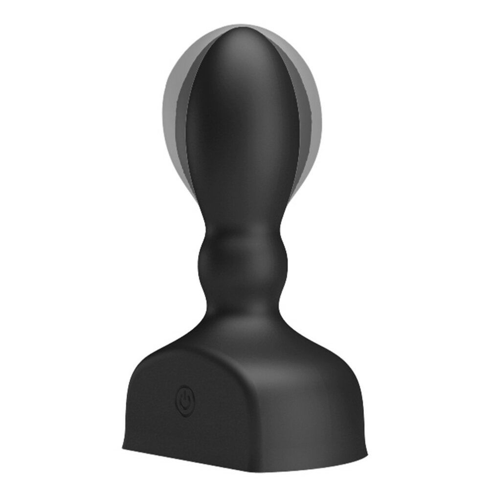 Schwarzer, aufblasbarer Butt Plug. Ovale Form, breite Basis. Ein Knopf ist auf der Basis sichtbar.