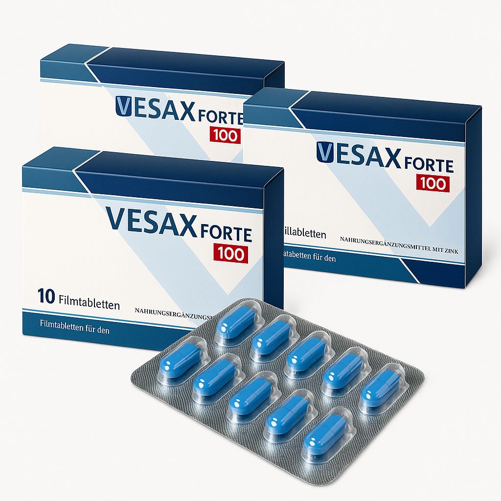 Drei Schachteln Vesax Forte 100 und eine Blisterpackung mit blauen Tabletten. Aufschrift: Vesax Forte, 10 Filmtabletten.