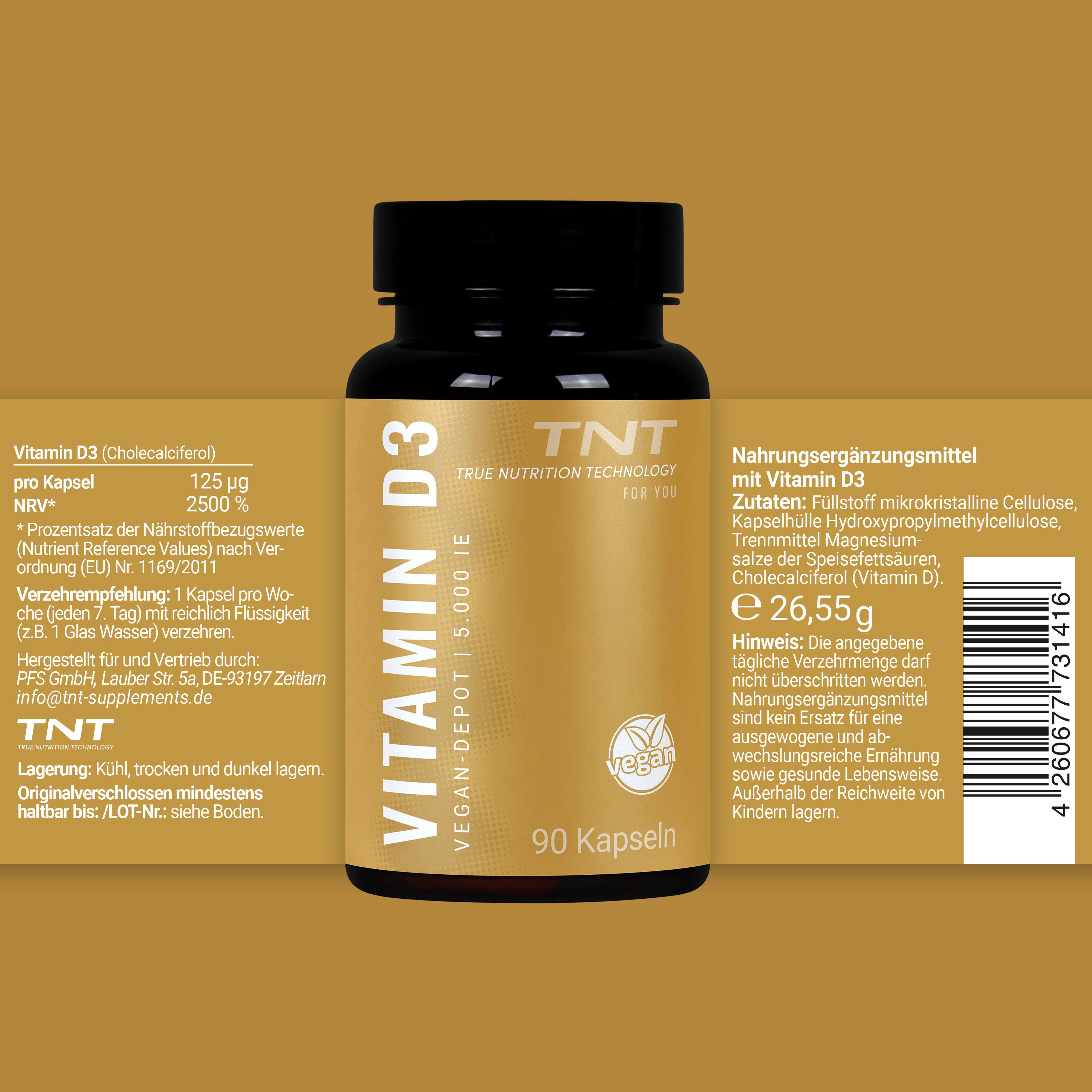 Braune Flasche Vitamin D3 mit Etikett. Text: Vitamin D3, Vegan-Depot, 5.000 IE, 90 Kapseln. Inhaltsstoffe und Verzehrempfehlung.