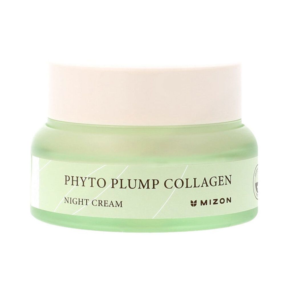 MIZON Phyto Plump Collagen Nachtcreme in einem grünen Glas mit beigem Deckel. Text: Phyto Plump Collagen, Night Cream.