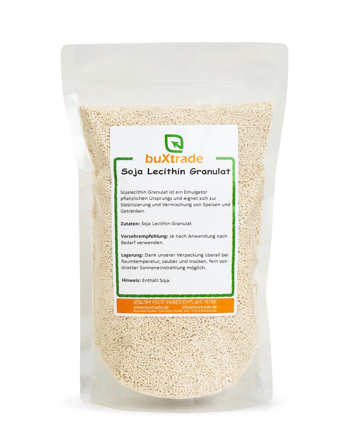 Verpackung mit buXtrade Soja Lecithin Granulat, hellgelbe Kügelchen.