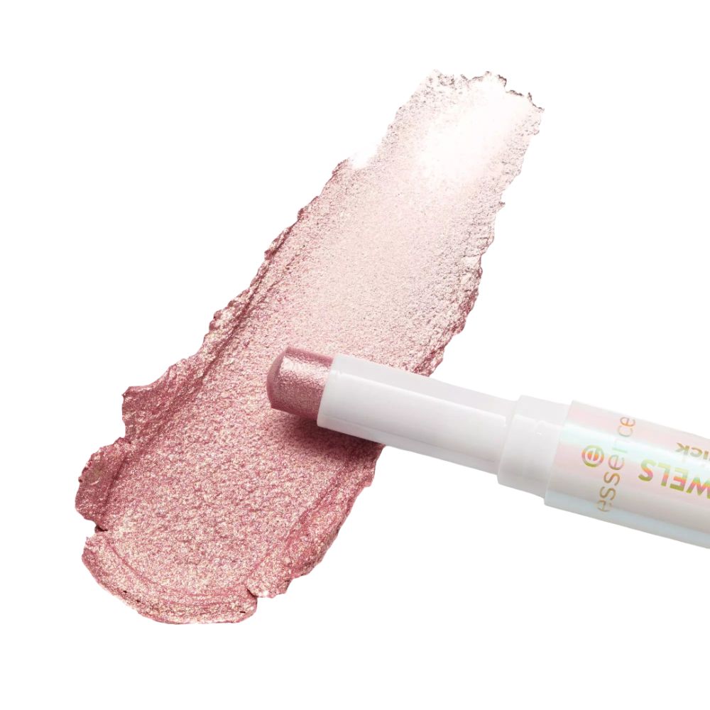 Lidschatten-Stick und Farbabstrich. Rosa glitzernder Farbabstrich. Aufschrift: Essence Jelly Jewels Glitter stick.