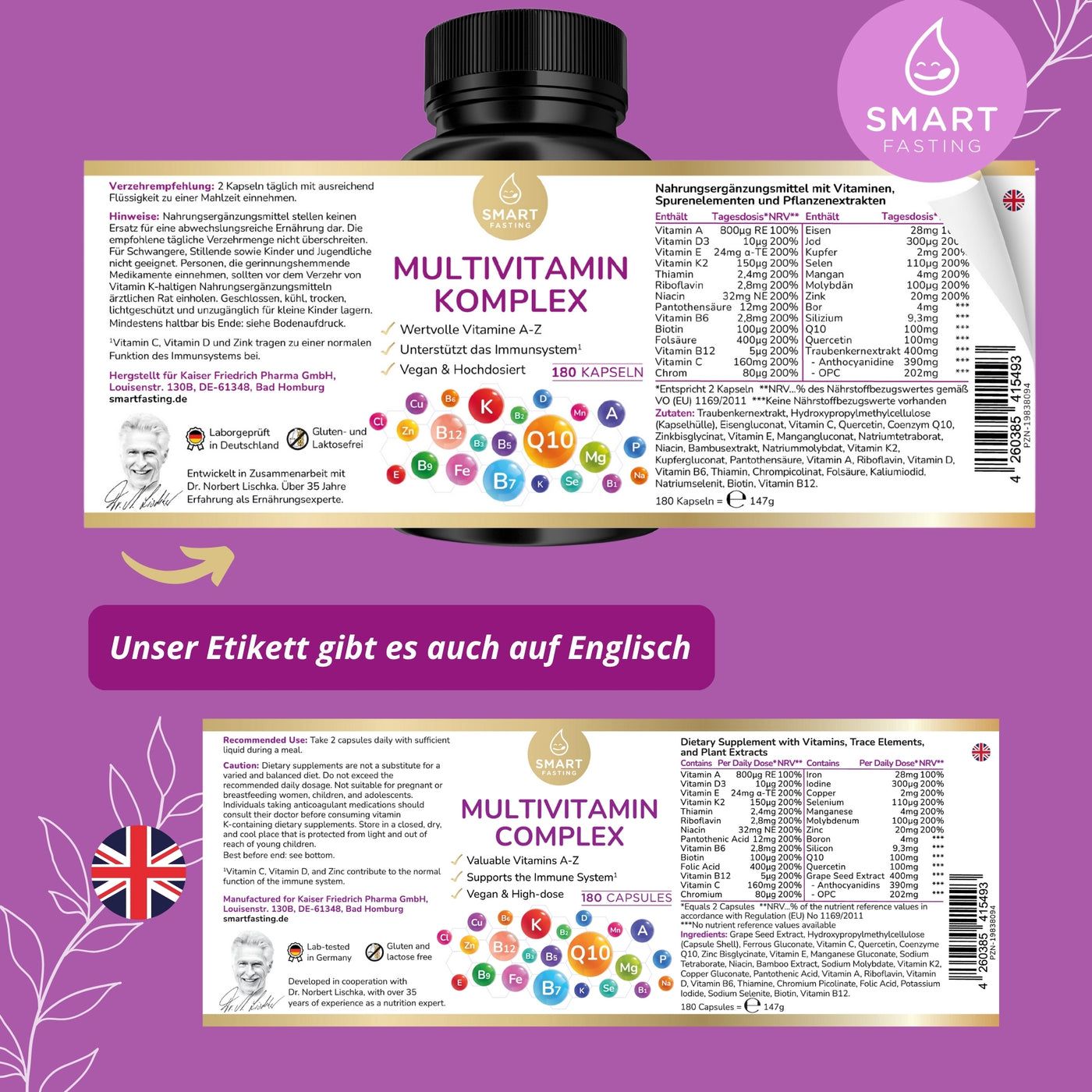 Braune Flasche mit weißen Kapseln. Aufschrift: Multivitamin Komplex, Vitamin A-Z, vegan, hochdosiert. 180 Kapseln. Etikett mit Texten.