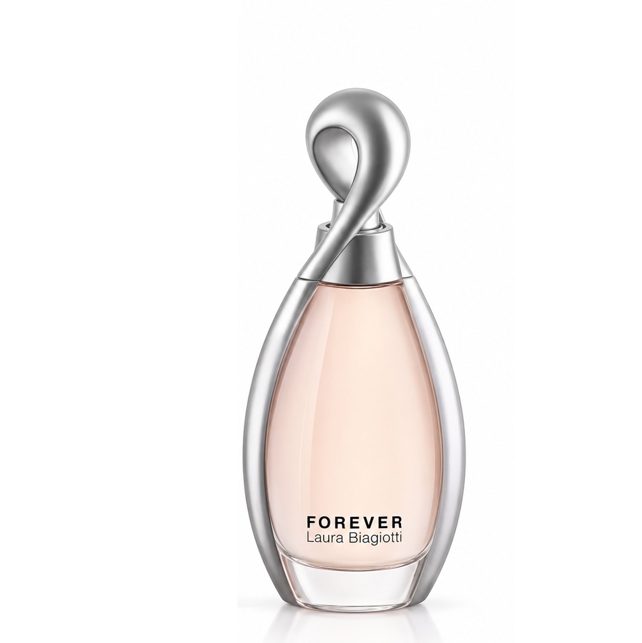 Laura Biagiotti Forever Eau de Parfum Flakon mit silbernem, verdrehtem Verschluss.