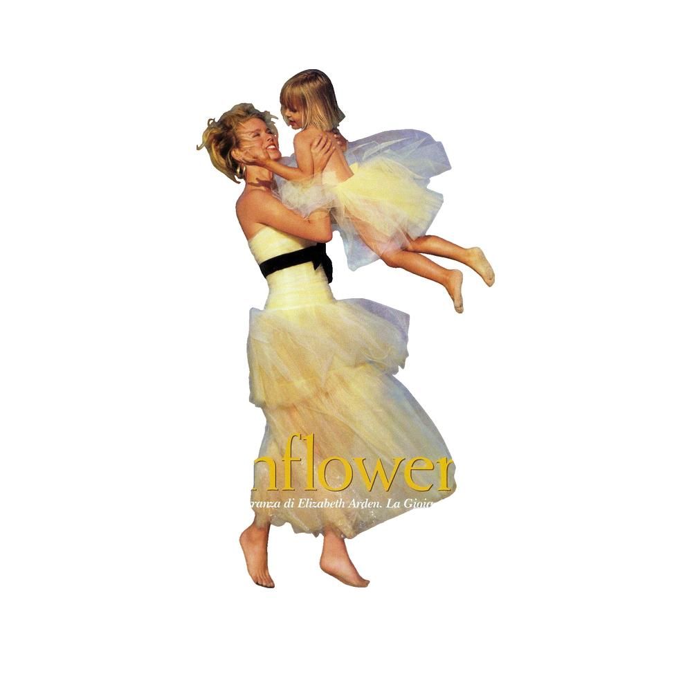 Frau und Kind in gelben Kleidern. Aufschrift: Sunflower, Eau de Toilette. Marke: Elizabeth Arden.