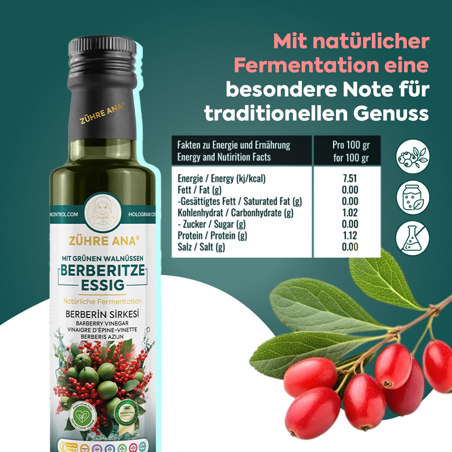 Flasche Zühre Ana Berberitzenessig mit grünen Walnüssen, Nährwertangaben und Beeren.