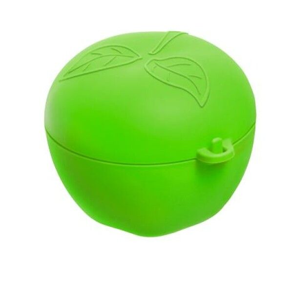 Grüne, apfelförmige Box mit Deckel. Deckel mit Blättern verziert. Mit Verschluss.