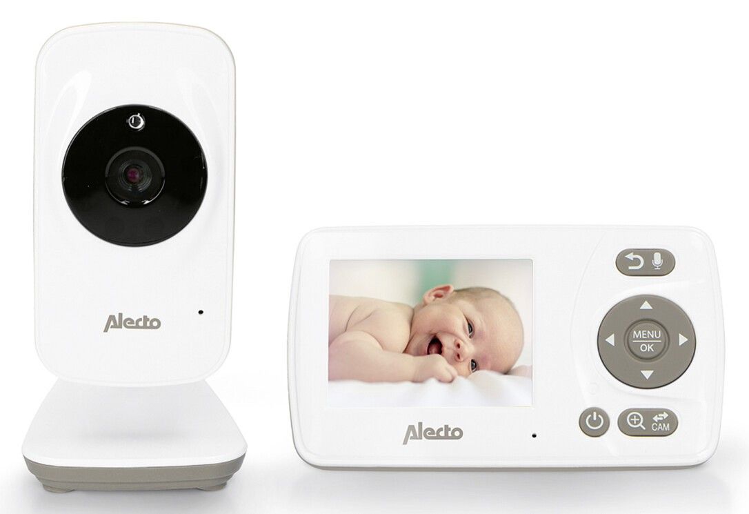 Babyphone mit Kamera und Elterneinheit. Weiße Geräte mit Alecto-Logo.