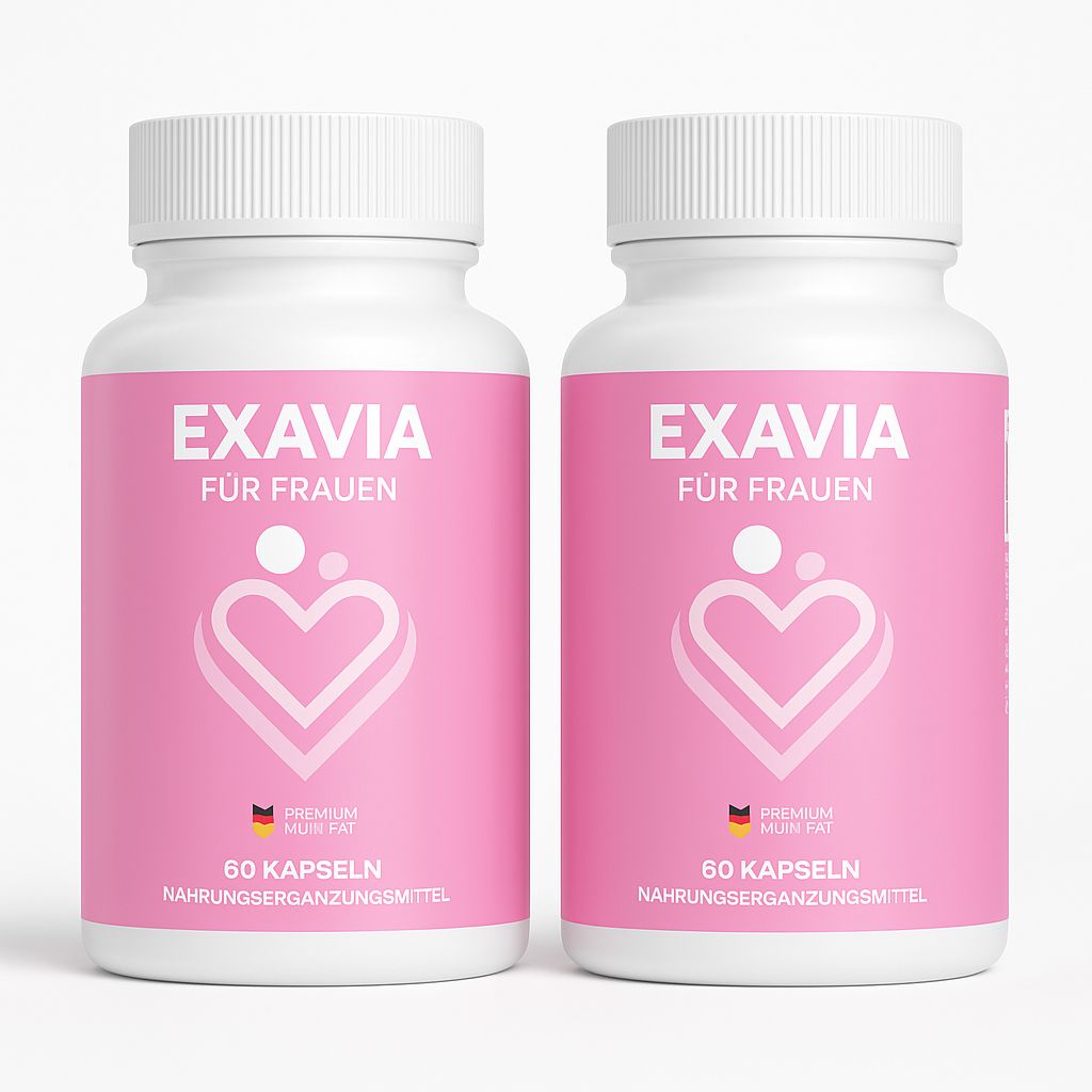 Zwei Flaschen Exavia Kapseln für Frauen, rosa Etikett mit Herzsymbol, 60 Kapseln pro Flasche.