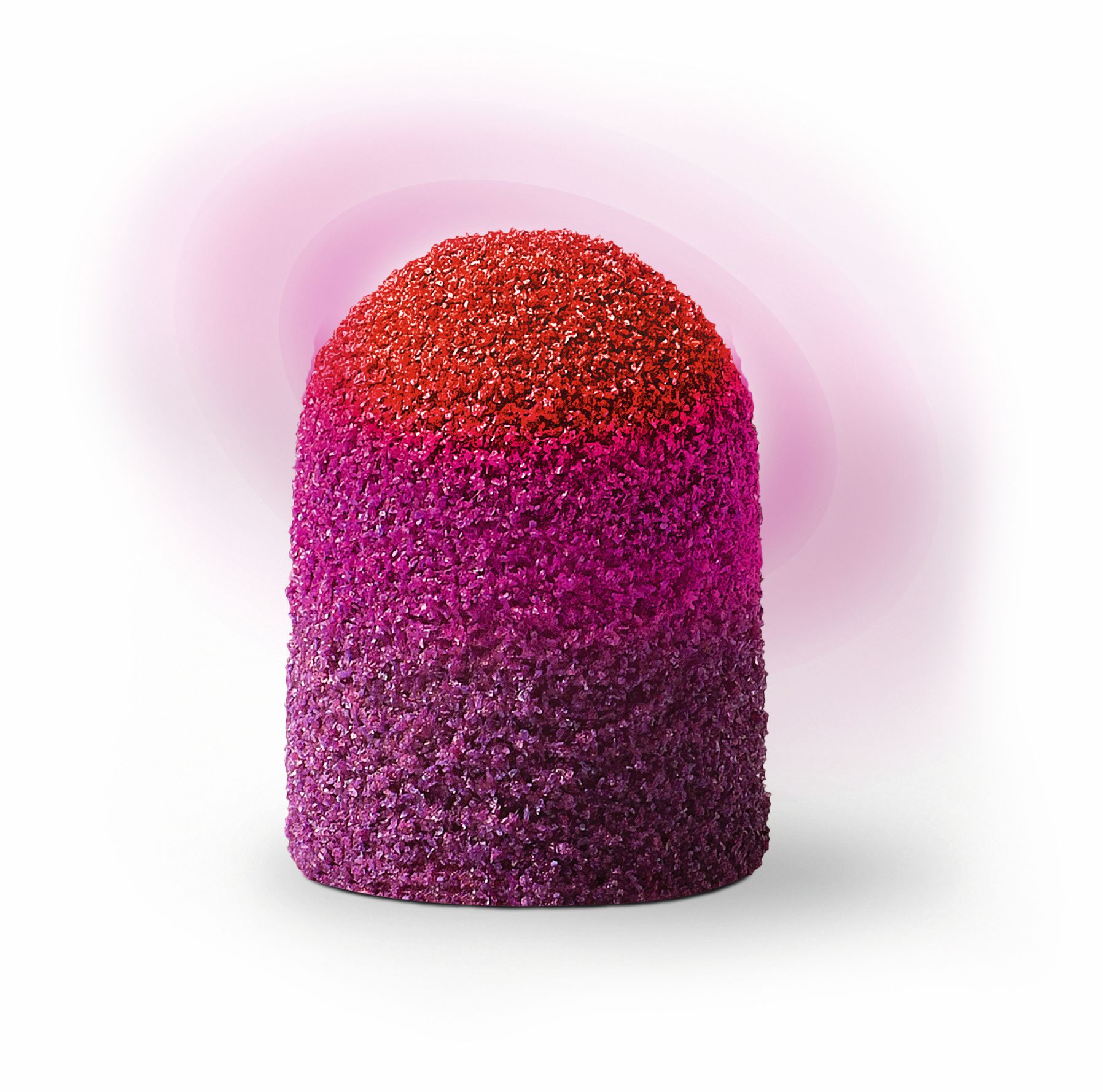 Schleifkappe mit Farbverlauf von Rot nach Violett. Zylindrische Form, raue Oberfläche. Auf weißem Hintergrund.