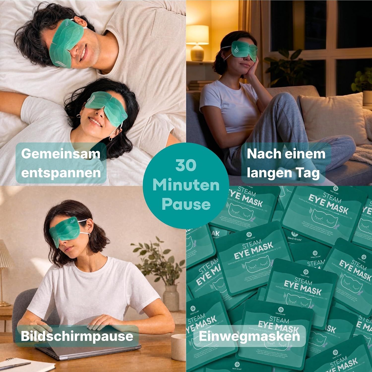 Collage zeigt Entspannung mit Dampf-Augenmasken in verschiedenen Situationen.