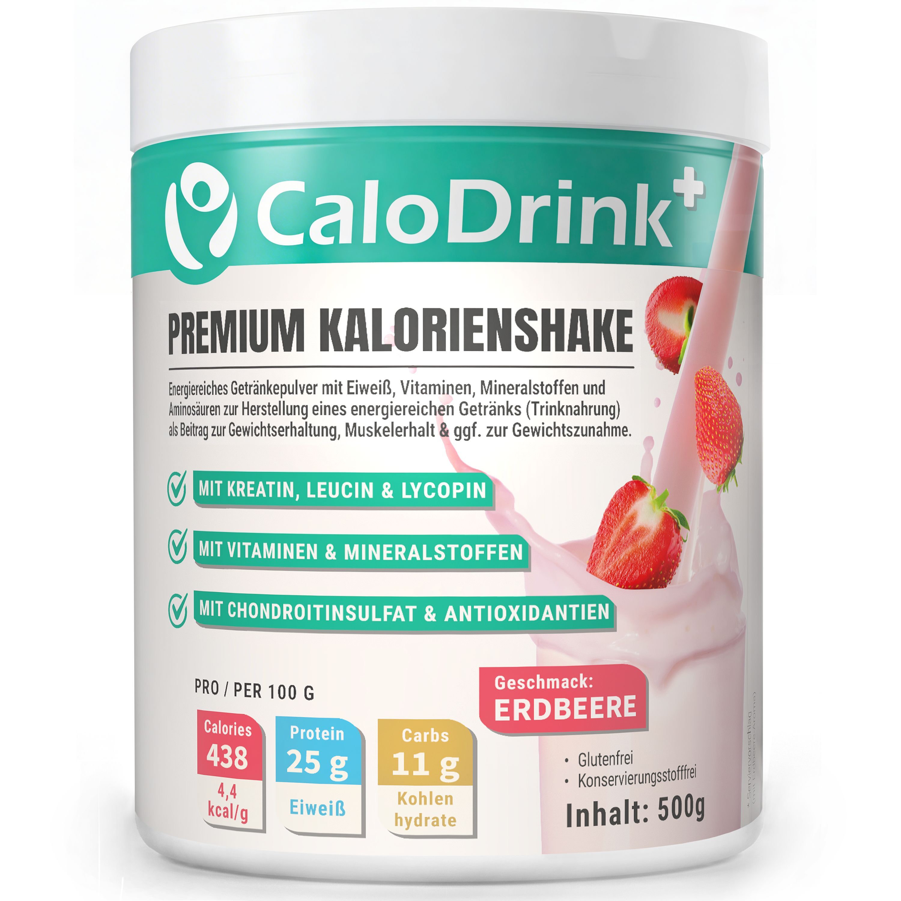 Ein weißer Behälter mit CaloDrink+. Auf dem Behälter steht: Premium Kalorienshake. Erdbeeren und Nährwertangaben sind sichtbar.