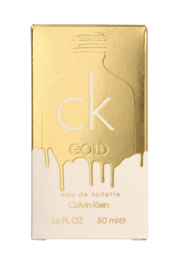 Calvin Klein CK One Gold Eau de Toilette Verpackung, goldfarben mit tropfendem Design.