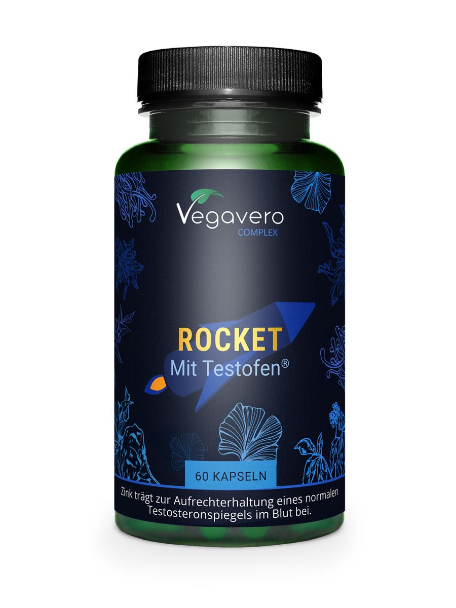 Dunkelgrüne Flasche mit schwarzen Deckel. Aufschrift: Vegavaro, Rocket, 60 Kapseln. Text: Zink trägt zur Aufrechterhaltung eines normalen Testosteronspiegels.