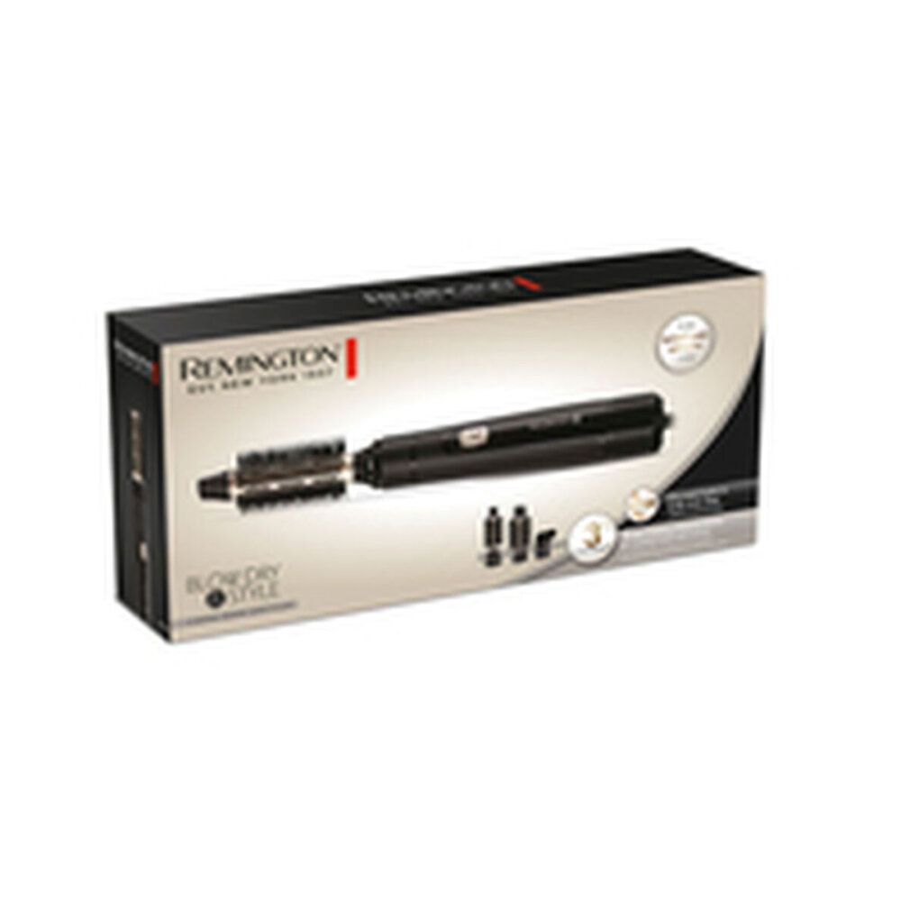 Verpackung der Warmluftbürste. Schwarzer Karton mit Produktabbildung und Markennamen: REMINGTON. Text: BLOW DRY & STYLE.
