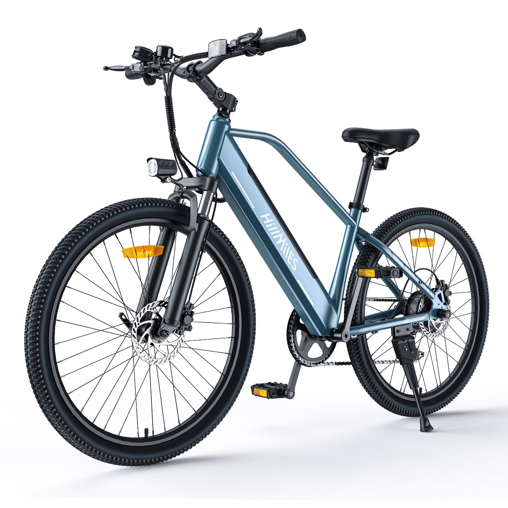 Blaues E-Bike mit schwarzen Reifen. Marke HillMiles. Scheinwerfer, Sattel, Pedale und Lenker sichtbar. Gelbe Reflektoren an den Rädern.