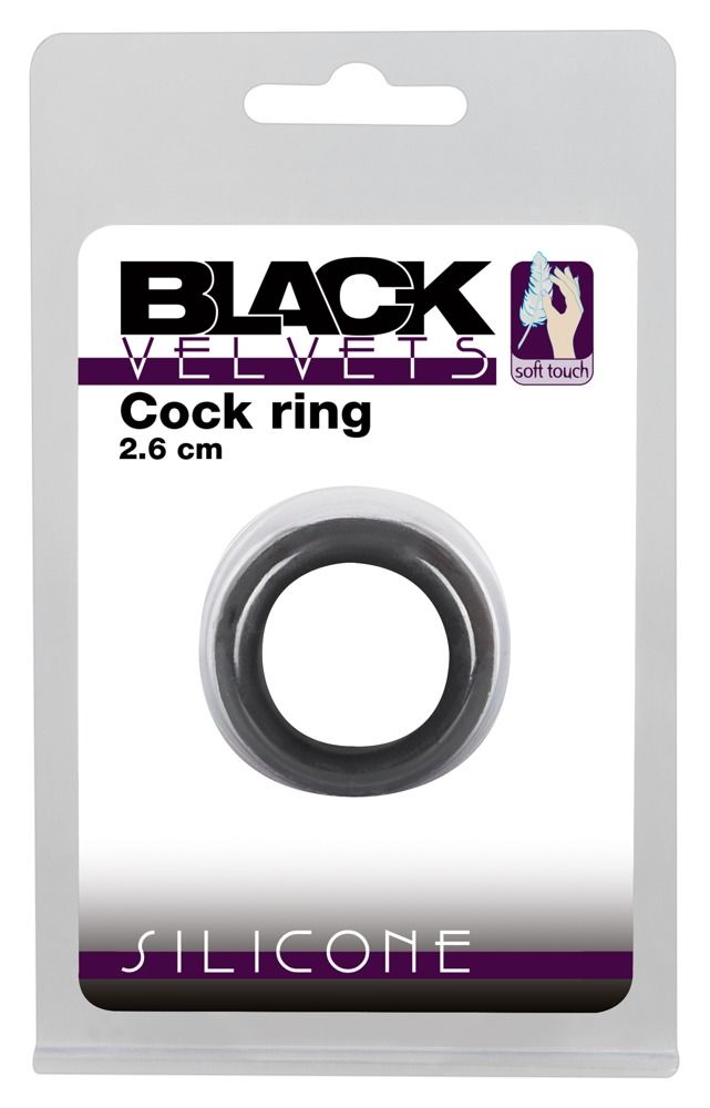 Verpackung mit schwarzem Penisring. Marke: Black Velvets. Text: Cock ring, 2,6 cm.