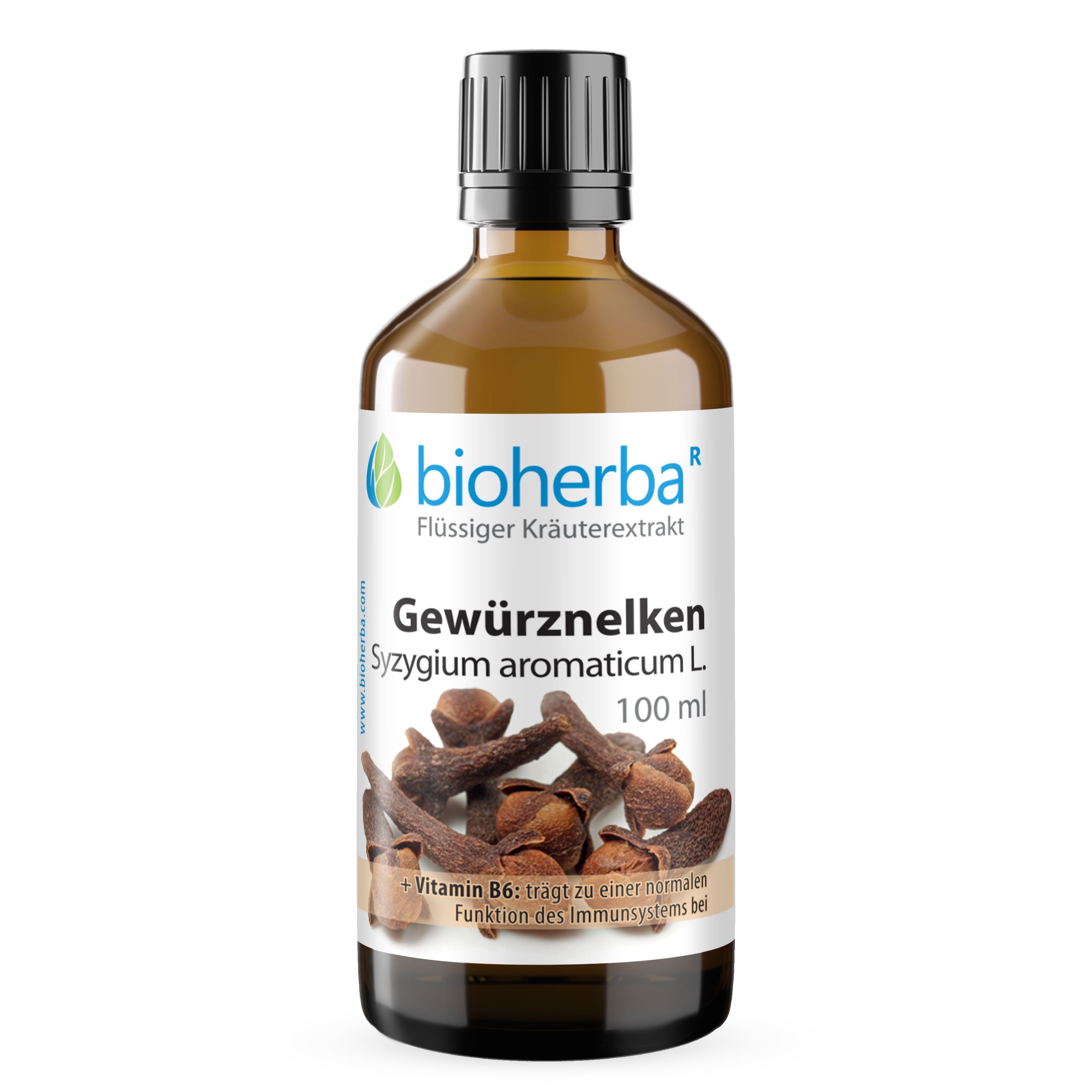 Braune Glasflasche mit schwarzem Deckel. Etikett mit Logo, Produktname, Nelkenabbildung und Text. "Bioherba" und "Gewürznelken" lesbar.