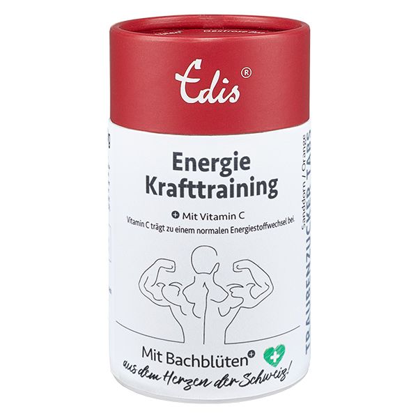 Zylinderförmige Dose mit rotem Deckel. Aufschrift: 'Edis Energie Krafttraining' und 'Mit Bachblüten'. Illustration eines Mannes.