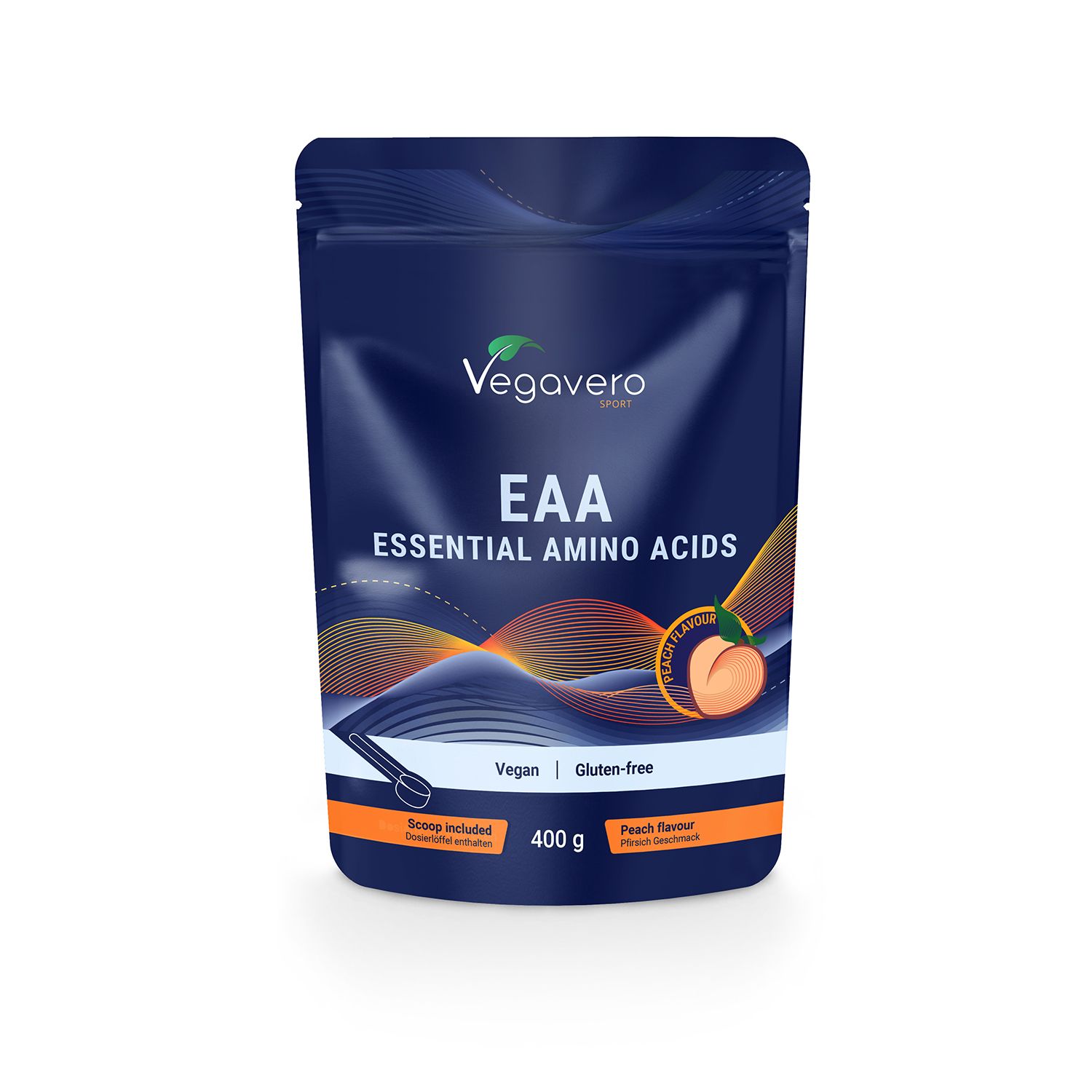 Dunkelblaue Beutel mit Produktaufdruck. Enthält EAA Essential Amino Acids, Vegan, Gluten-frei, Pfirsich-Geschmack. Inklusive Messlöffel.