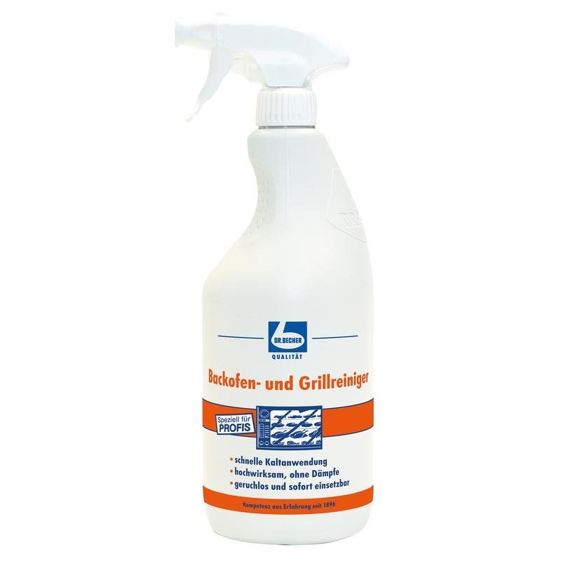 Weiße Sprühflasche mit Sprühkopf. Aufschrift: Backofen- und Grillreiniger. Logo: Dr. Becher. Orangefarbener Streifen mit Text.
