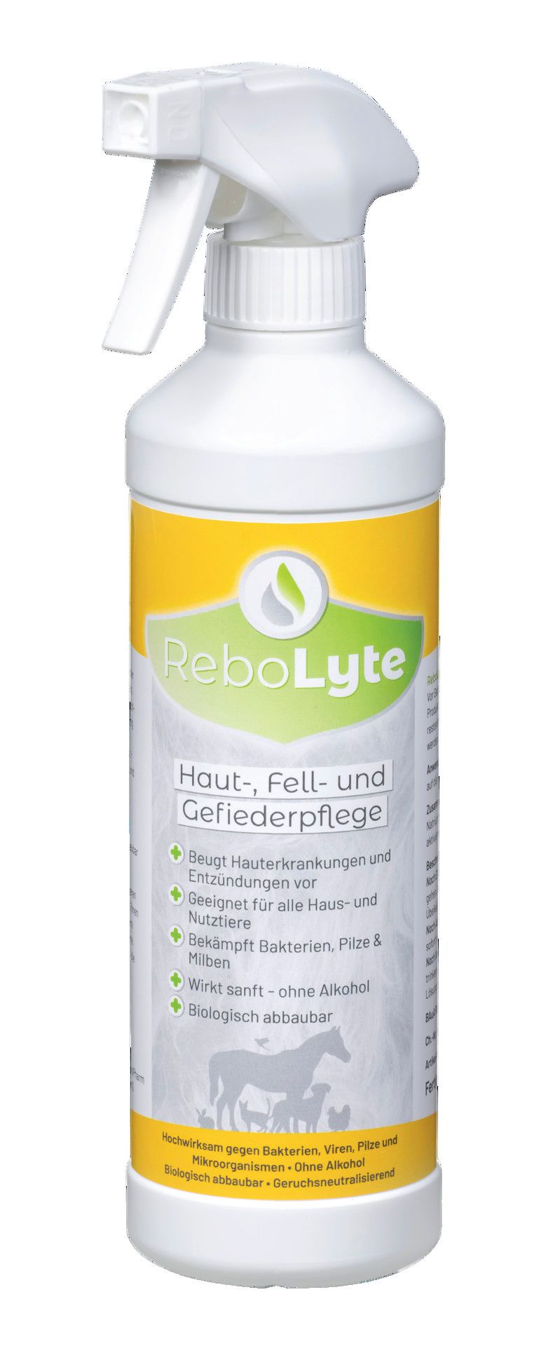 ReboLyte® Haut-, Fell- und Gefiederpflege Sprayflasche mit Sprühkopf.