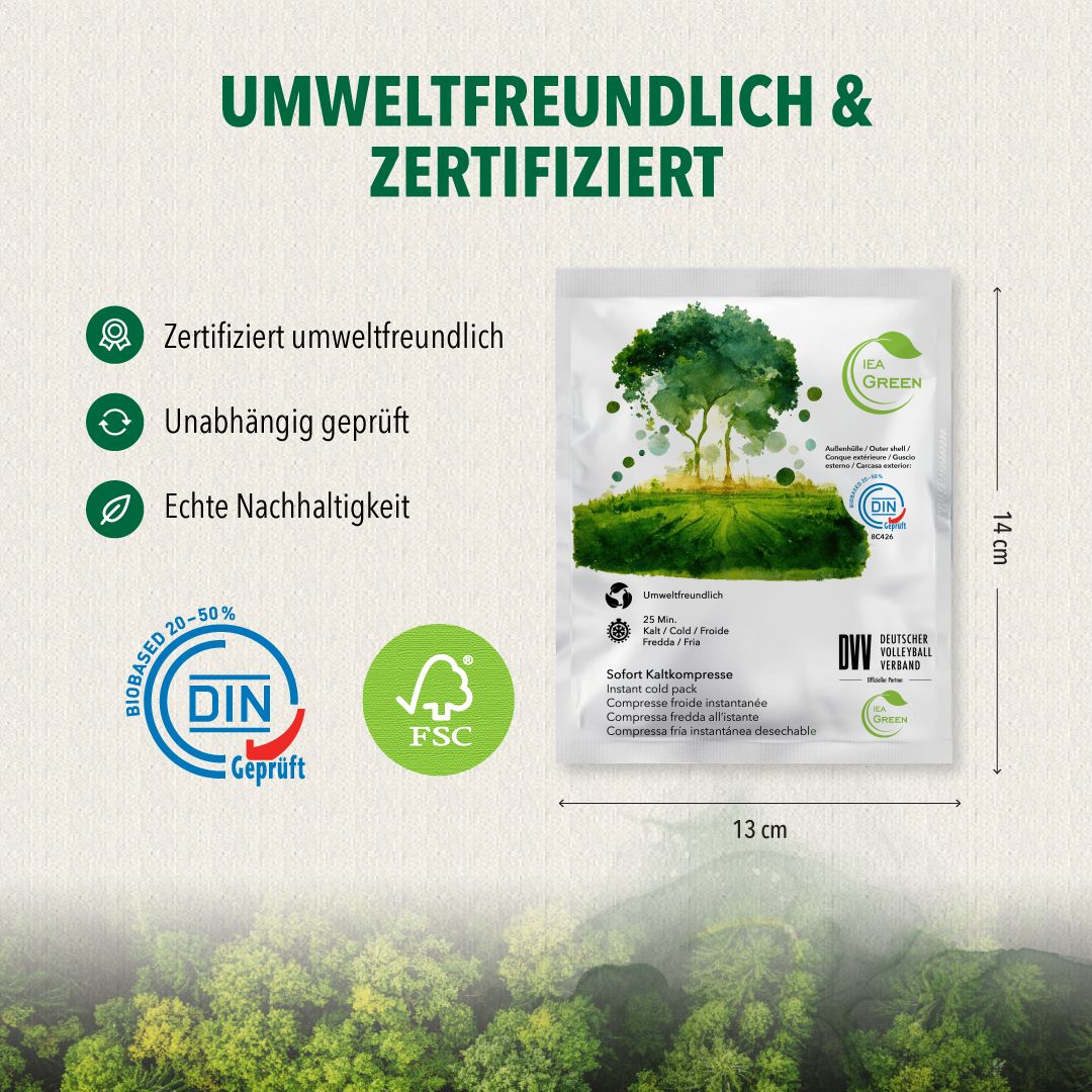 Verpackung mit IEA Green Logo, Baum-Grafik. Text: Sofort Kältekompresse. Maße: 13x14 cm. Zertifizierungen: DIN, FSC. DVV Logo.
