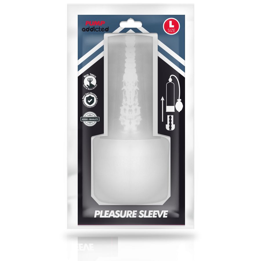 Verpackung mit Pleasure Sleeve. Produktabbildung, Markenlogo, Größe L und Zubehör-Symbolen. Transparente Sleeve sichtbar.