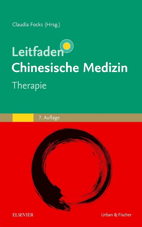 Buchcover: "Leitfaden Chinesische Medizin - Therapie". Grün-rotes Design mit schwarzem Kreis. Verlag Elsevier und Urban & Fischer.