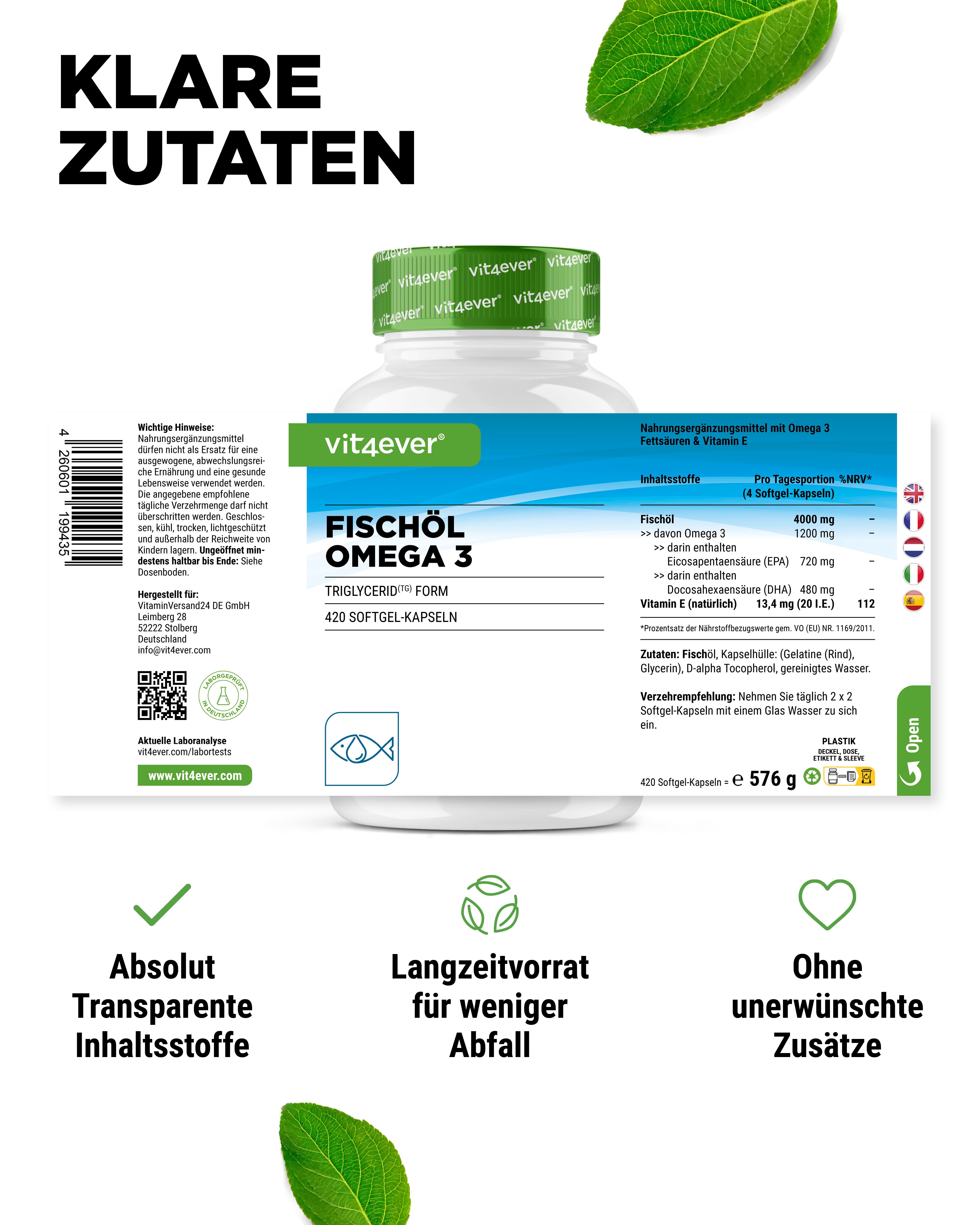 Flasche mit Fischöl Omega 3 Kapseln. Grün-weißes Etikett. Text: Transparente Inhaltsstoffe, Langzeitvorrat, ohne unerwünschte Zusätze.