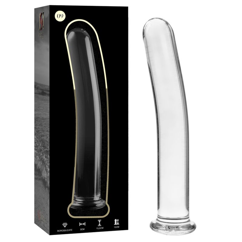 Borosilikatglas-Dildo, Modell 9, klar, mit breiter Basis und gebogener Spitze. Verpackung mit Produktabbildung und Maßen.