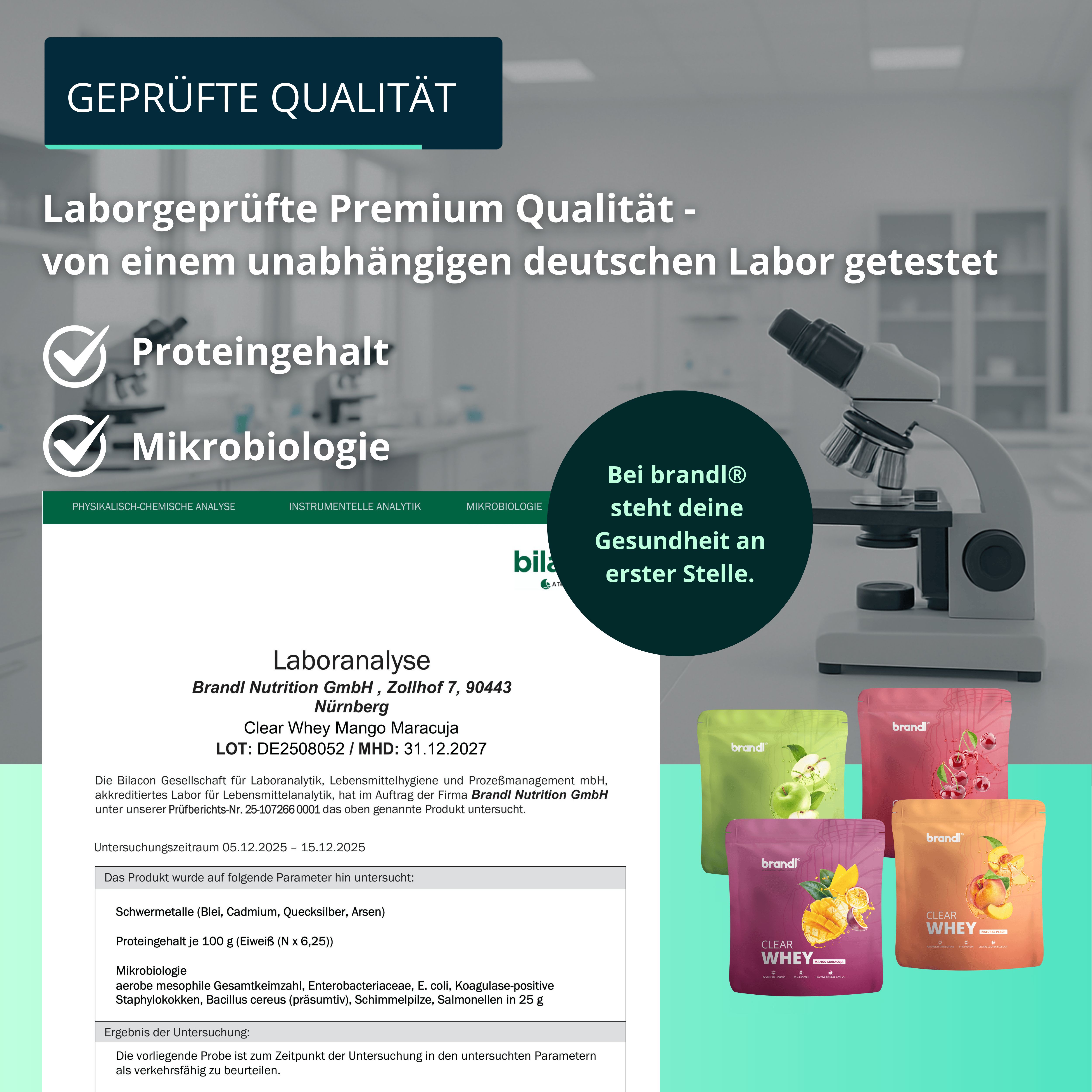 Laboranalyse mit Mikroskop und Produktbeuteln. Text: Laborgeprüfte Premium Qualität. Text: Proteingehalt, Mikrobiologie. Marke: brandl.