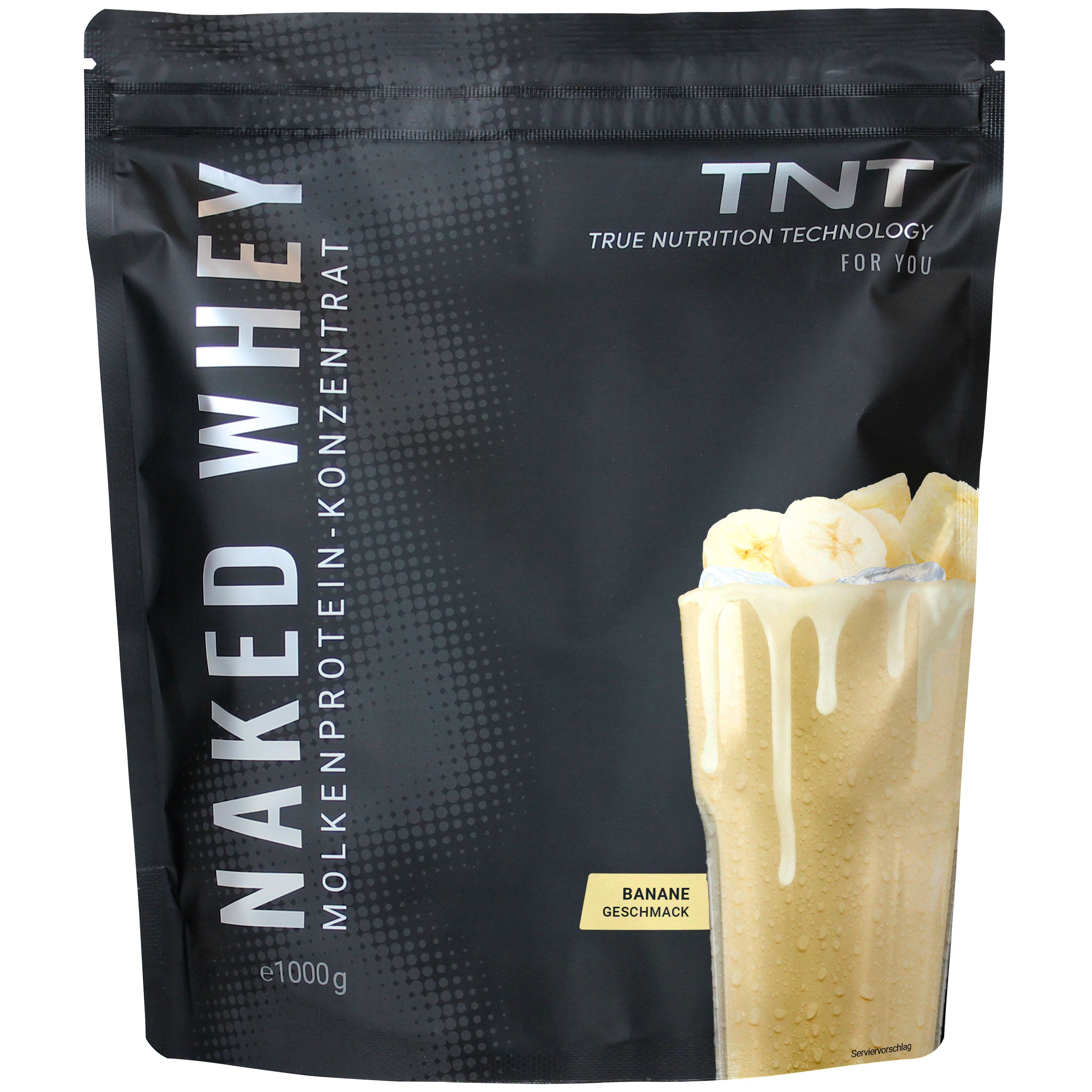 Schwarze Verpackung von TNT Naked Whey. Text: Naked Whey Molkenprotein-Konzentrat, Banane Geschmack, 1000g.