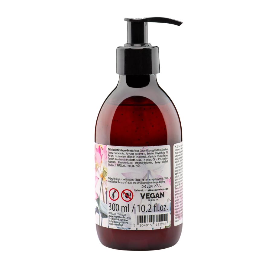 Rückansicht einer braunen Flasche mit schwarzem Spender. Etikett mit Inhaltsstoffen, Warnhinweisen und Vegan-Logo.