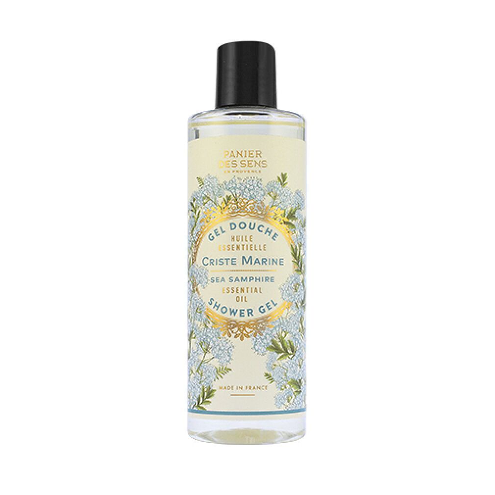 Klarflüssiges Duschgel in einer zylindrischen Flasche mit schwarzem Deckel. Etikett mit floralem Muster und Produktbezeichnung.