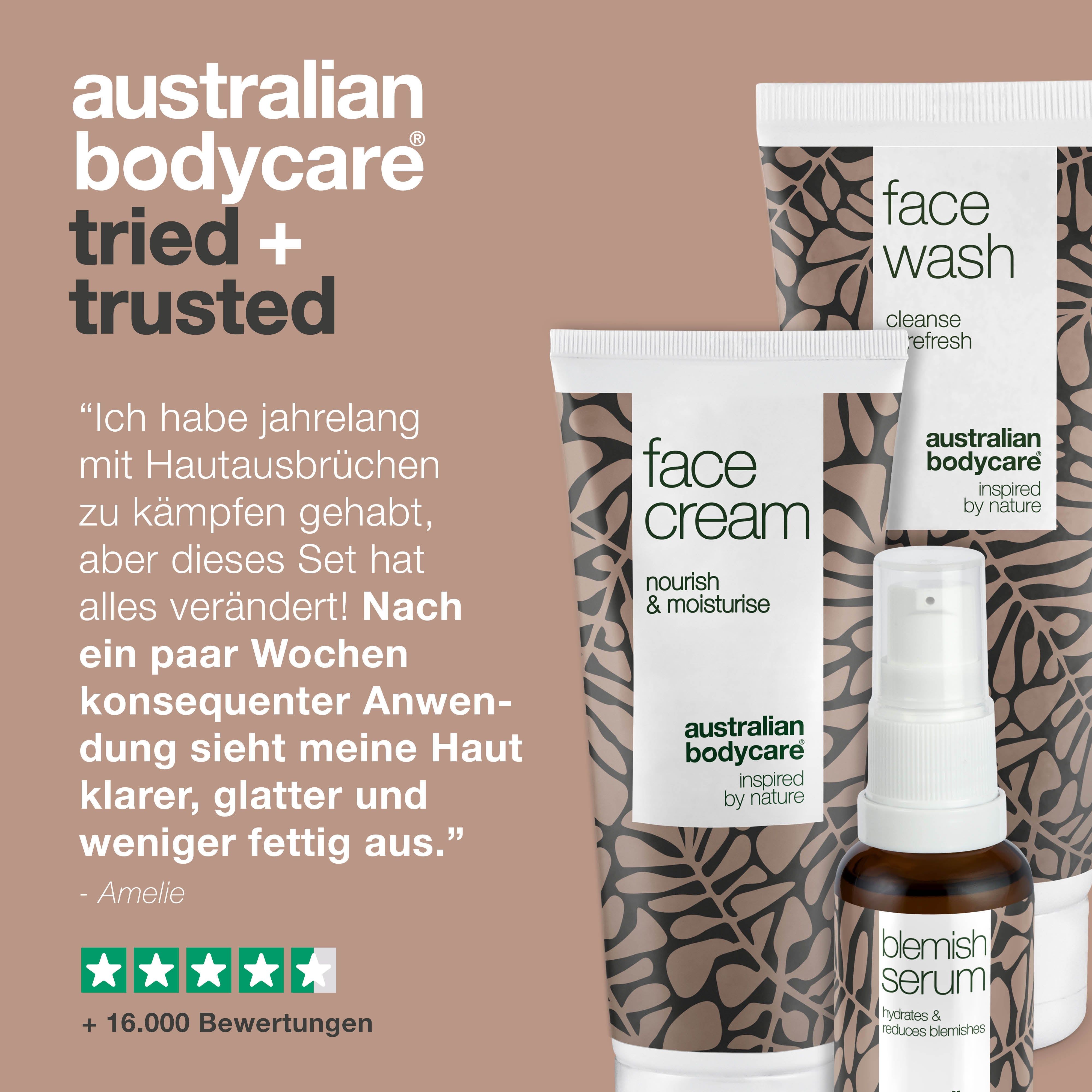 Grafik mit Text und Produkten. Produkte: Gesichtswäsche, Creme, Serum. Text: Tried + Trusted.