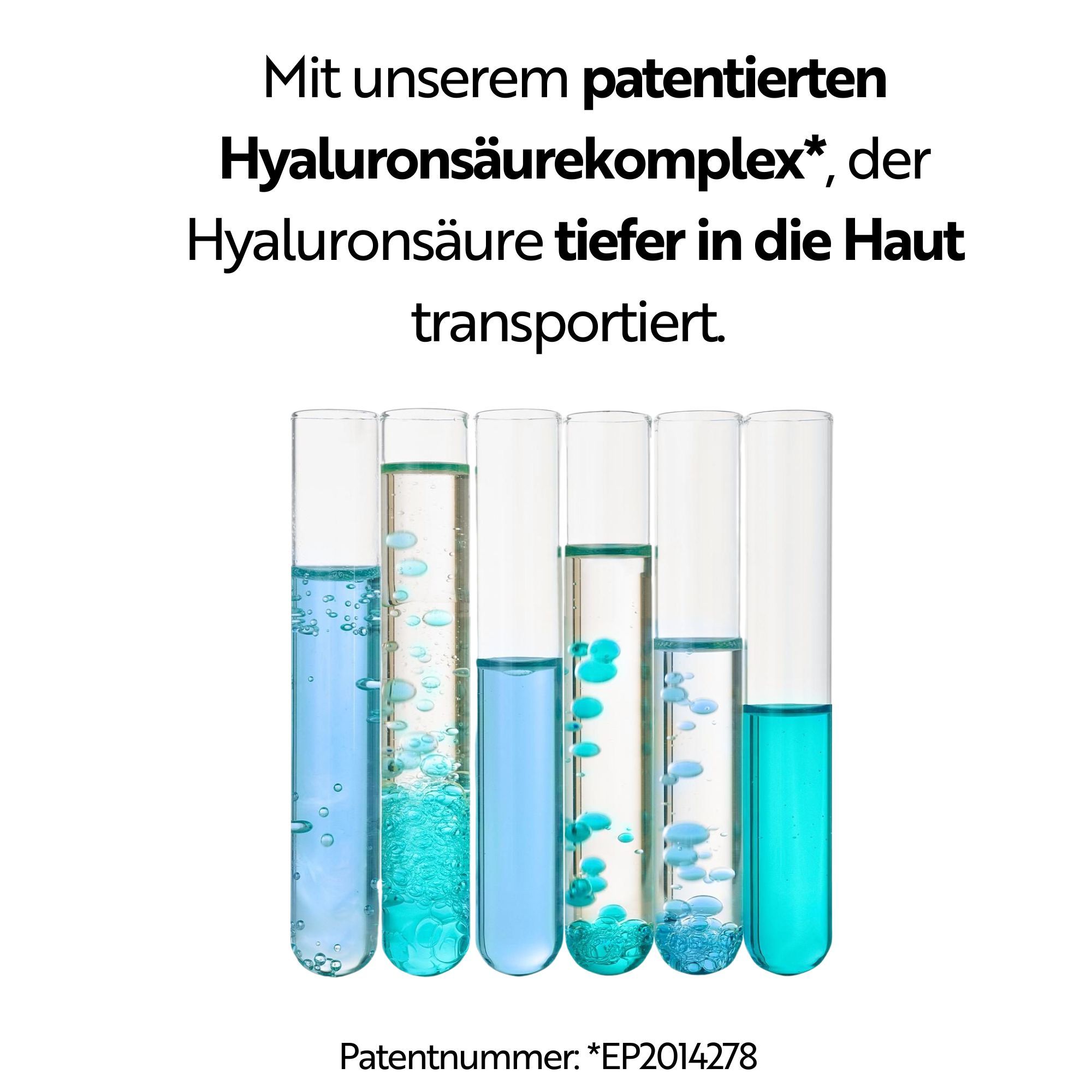 Reagenzgläser mit Flüssigkeiten in verschiedenen Blautönen. Text: Mit unserem patentierten Hyaluronsäurekomplex, der Hyaluronsäure tiefer in die Haut transportiert.