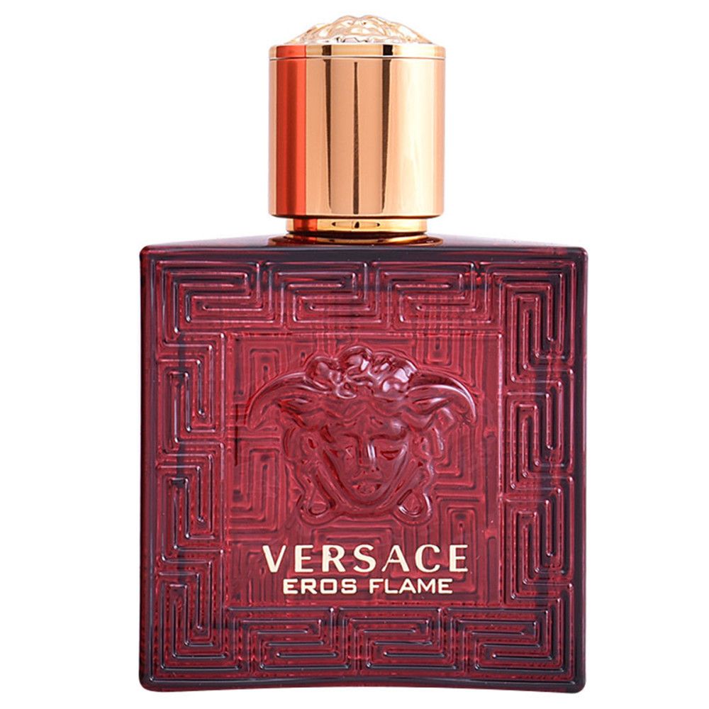 Roter Flakon. Goldfarbener Deckel. Schriftzug: VERSACE EROS FLAME. Eau de Parfum.
