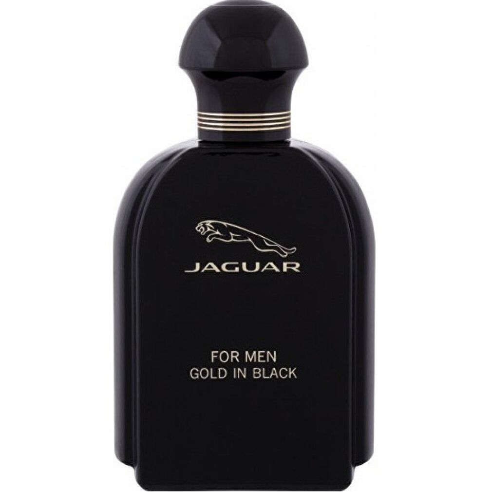Schwarzer Flakon mit goldfarbenen Details. Aufschrift: Jaguar For Men Gold in Black. Logo: springender Jaguar.