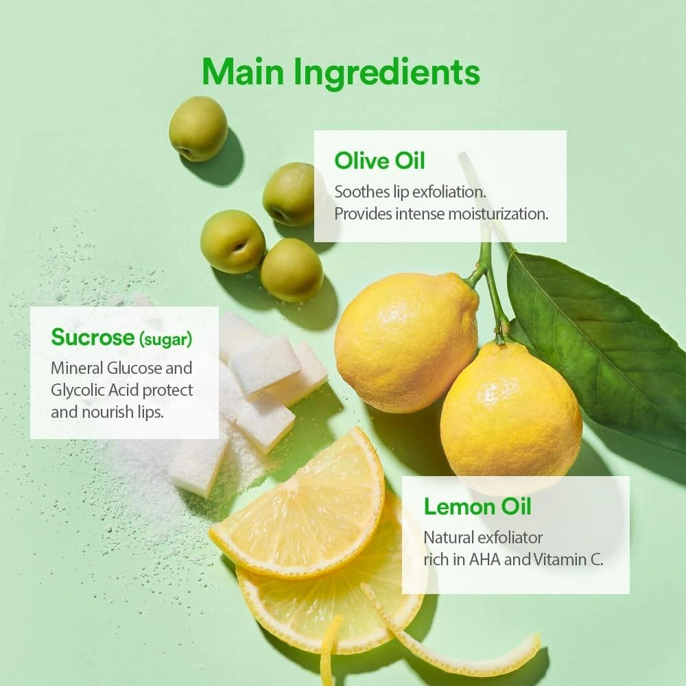 Grafik mit Zutaten: Olivenöl, Zucker, Zitronenöl, Zitronen, Zuckerwürfel und grüne Früchte. Text: "Main Ingredients".