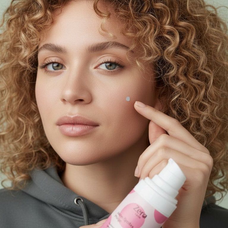 Frau mit Locken trägt Zero Skin Akne-Spot-Pflege auf die Wange auf.
