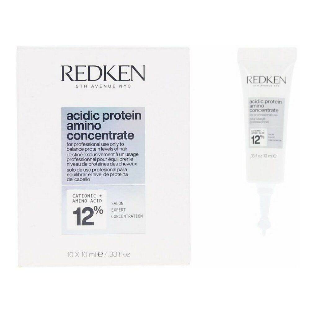Weißer Karton und Tube. Aufschrift: Redken, acidic protein amino concentrate, 12%. Packung: 10 x 10 ml.