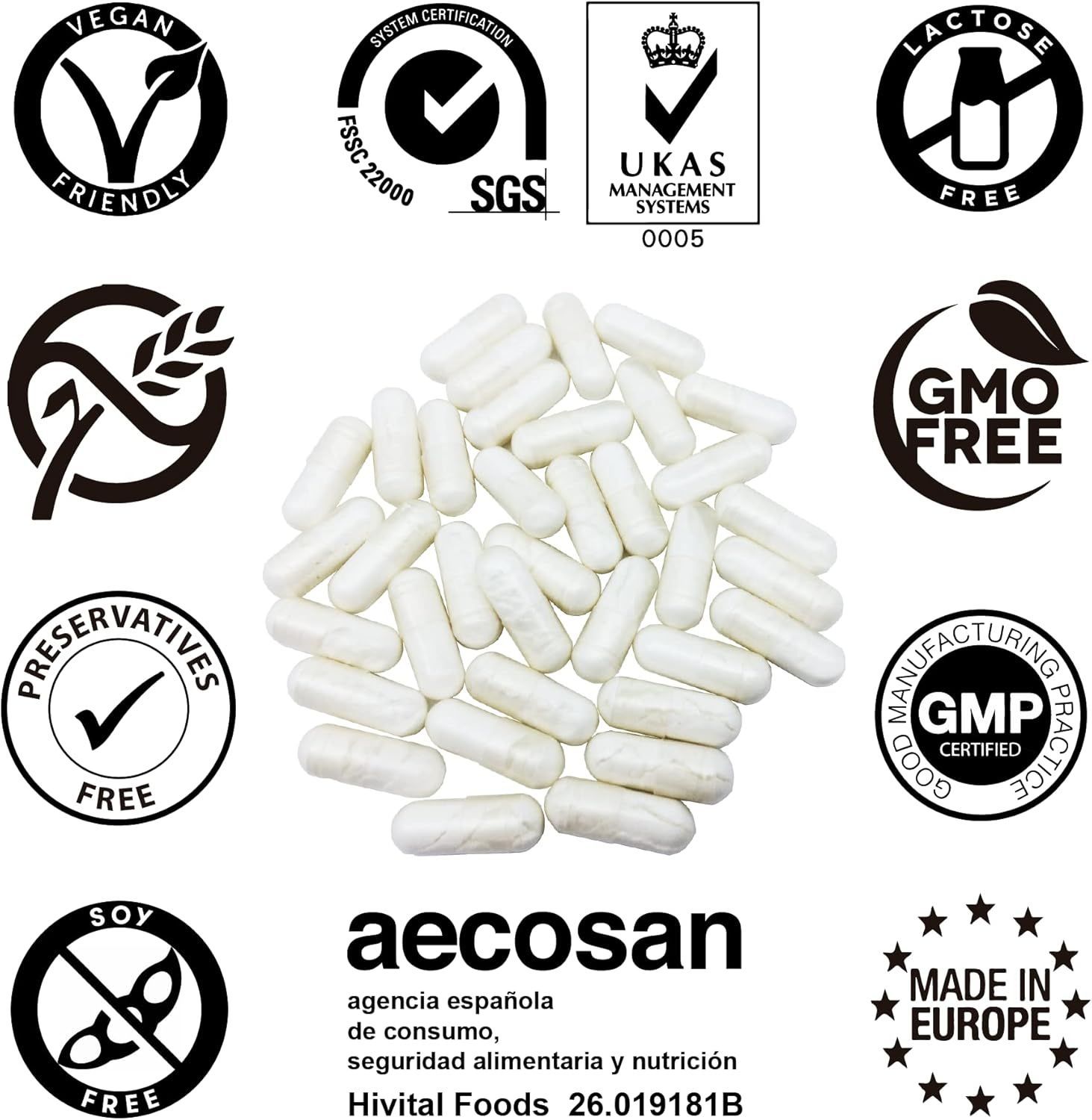 Weiße Kapseln, umgeben von verschiedenen Zertifizierungslogos. Logos: Vegan, GMO-frei, GMP, Made in Europe, etc.