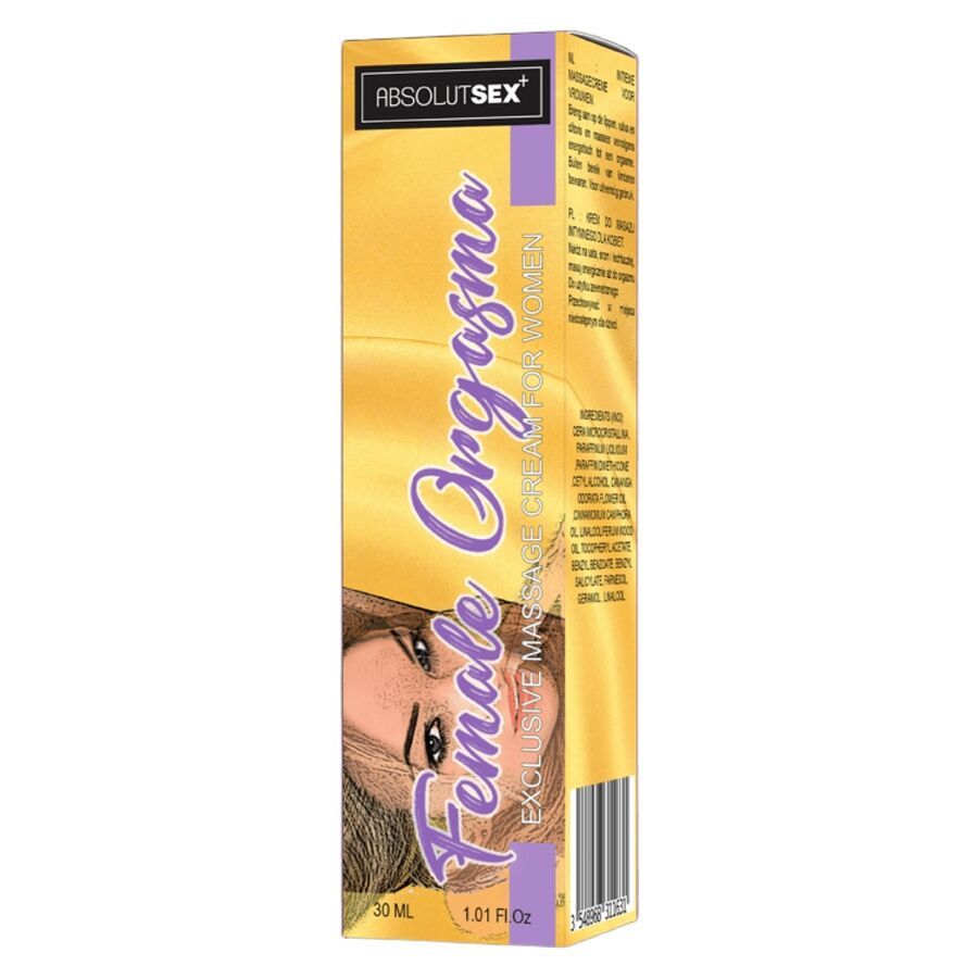 Verpackung für 'Female Orgasm' Creme, 30ml, mit Frauenporträt und Markenschriftzug.