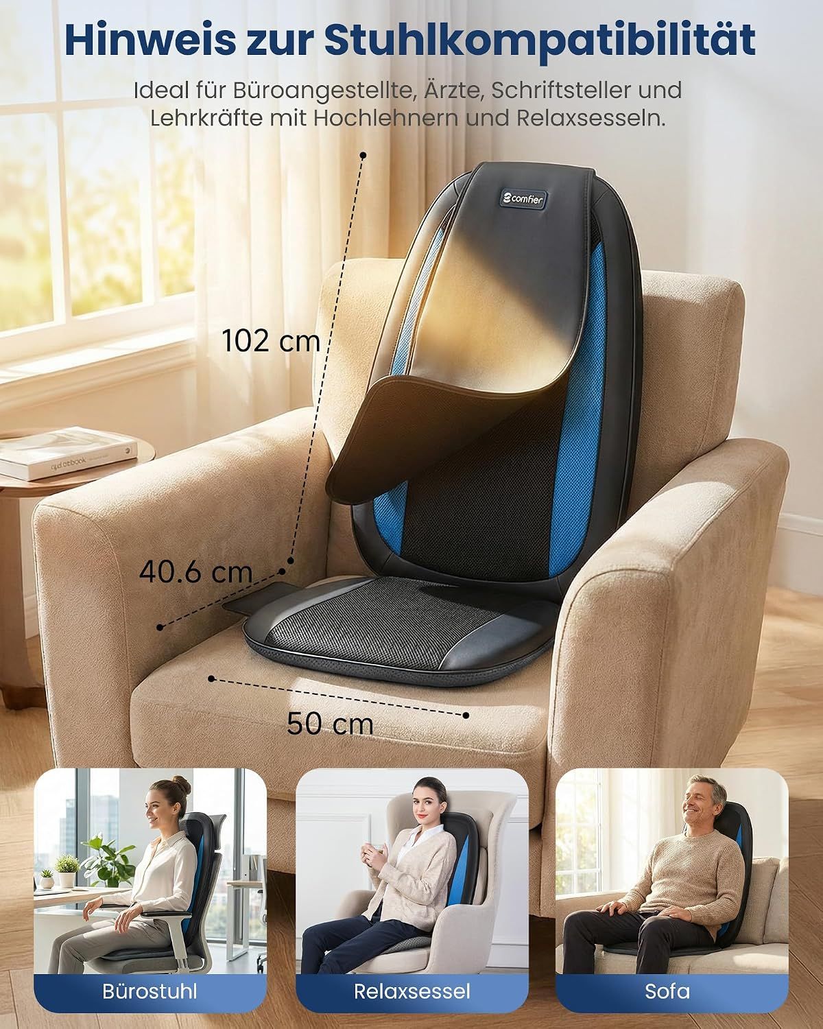 Schwarze Massageauflage für Stühle mit blauen Akzenten und Fernbedienung.