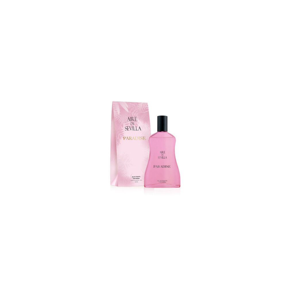 Rosa Flakon und Verpackung. Flakon mit schwarzem Verschluss. Aufschrift: Aire de Sevilla Paradise.